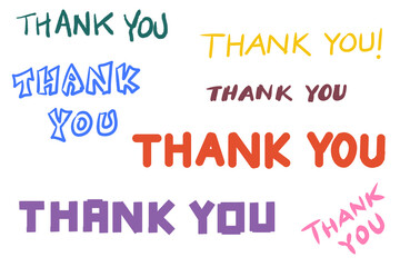 Colorful thank you message collection with various fonts and styles, hand-drawn typography on a white background – Illustration.