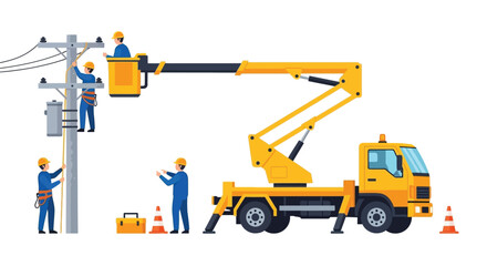 Linemen working on electrical infrastructure with a bucket truck and safety equipment © Md. Rezaul Karim