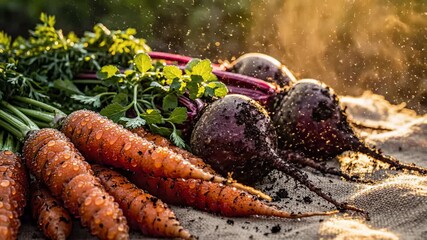 Fresh Carrots and Beets Covered in Dew Drops on Burlap - Powered by Adobe