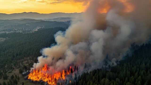 A massive forest fire raging through dense woods, with flames and smoke consuming everything in sight