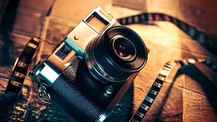 Vintage film camera with rolling film strip on a textured desk, cinematic photography gear for professionals and enthusiasts, nostalgic gear for visual storytelling