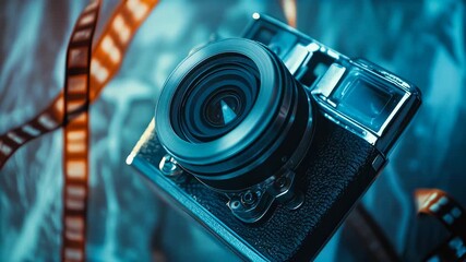 Vintage film camera with attached lens and a winding strip of photographic film on a moody blue-toned studio setup, highlighting classic photography gear and creativity