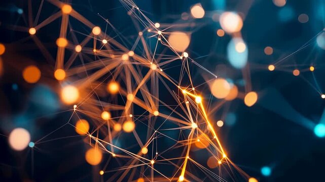 Abstract network of glowing orange nodes and interconnected lines representing digital connectivity, data exchange, and futuristic technology concepts in a dynamic composition