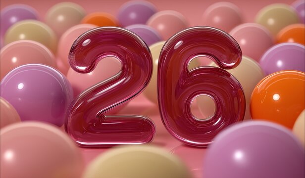 Number 26 in dark red color with glossy finish placed on top of array of multicolored balloons creating festive celebratory atmosphere.