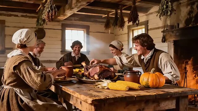 Historical reenactment of the first Thanksgiving: Pilgrims and Native Americans gather for an autumn feast at colonial settlement. Authentic costumes, traditional food, outdoor celebration