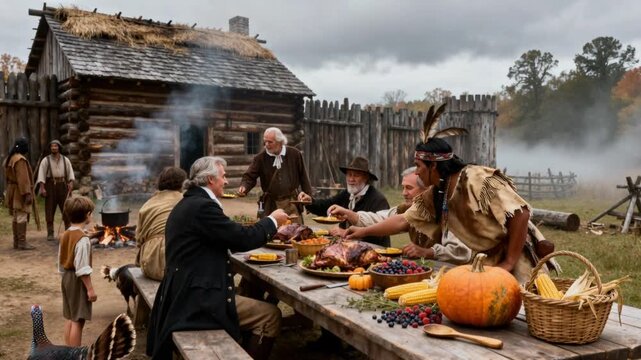 Historical reenactment of the first Thanksgiving: Pilgrims and Native Americans gather for an autumn feast at colonial settlement. Authentic costumes, traditional food, outdoor celebration