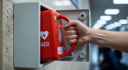 Human hand removing automated external defibrillator (AED) from wall indoors, first aid concept, heart attack