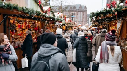 Crowded outdoor Christmas market scene with wooden stalls, festive string lights, shoppers browsing seasonal decorations and gifts under warm glow in a bustling winter city square - Powered by Adobe