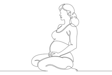 Continuous single line drawing pregnant woman sitting.Beautiful pregnant girl meditating.Yoga for pregnant women.Linear.One continuous line isolated minimalist illustration. Not AI.