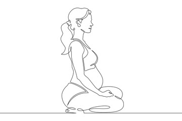 Continuous single line drawing pregnant woman sitting.Beautiful pregnant girl meditating.Yoga for pregnant women.Linear.One continuous line isolated minimalist illustration. Not AI.