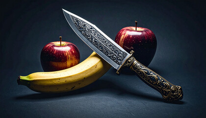 Still life illustration of two apples, banana, and knife, combining simple forms with subtle tension. Ideal for food concepts, editorial use, symbolic themes, and modern graphic design projects.