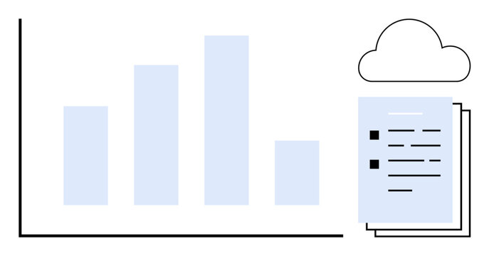 Bar graph highlights data trends alongside documents and a cloud icon. Ideal for data visualization, analytics, cloud storage, productivity, file sharing, business growth, and reporting. A simple