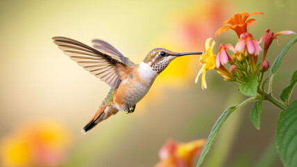 A close-up photograph of a hummingbird in mid-flight, captured in sharp detail against a soft, blurred background.
