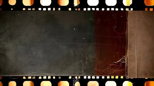 A weathered film strip frame with perforated edges and a textured metallic center, evoking vintage cinema, analog photography, and retro film stock for cinematic design projects.