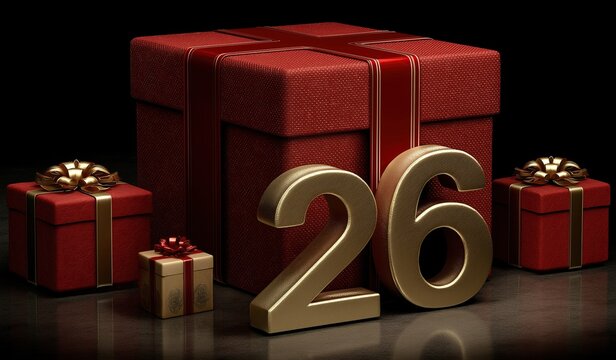 Number 26 in gold with red gift boxes next to it against black background for celebration concept.