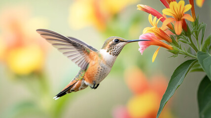 Naklejka premium A close-up photograph of a hummingbird in mid-flight, captured in sharp detail against a soft, blurred background.