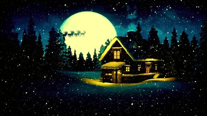 Cozy winter cabin glows under a full moon with gentle snowfall creating a magical, serene atmosphere. - Powered by Adobe