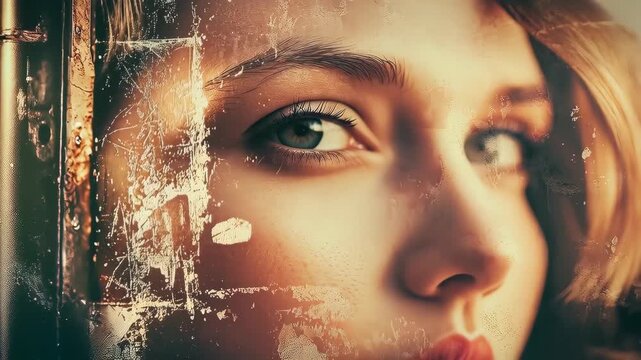 Close-up portrait of a thoughtful woman gazing through a dusty textured glass pane with warm backlight, vintage grain, soft focus, and moody cinematic lighting.
