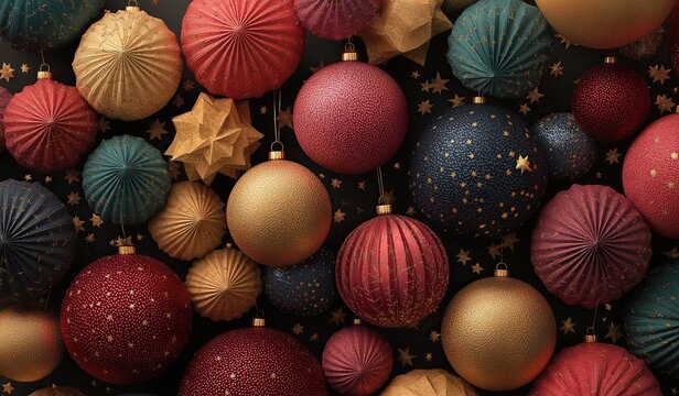 Vibrant display of paper balls and stars arranged in elaborate pattern with rich reds deep blues gold accents and intricate designs on dark background.