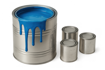 Blue paint dripping from metal can with smaller cans, representing renovation, creativity, and home improvement, transparent background