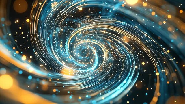 Dynamic abstract swirl of light and energy in blue and gold tones depicting a vortex motion, digital technology inspiration, and cosmic movement for futuristic design projects - Powered by Adobe
