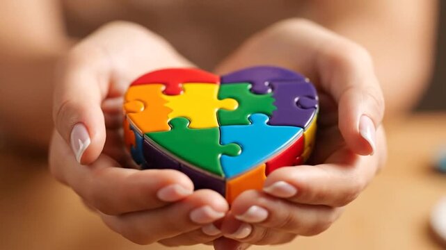Heart-shaped puzzle held in hands, colorful pieces