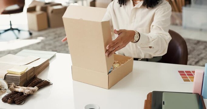 Hands, person and packing box for ecommerce with skincare product, online order and delivery. Entrepreneur, package and prepare parcel with cosmetics, supply chain and supplier for cargo distribution