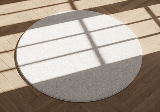 Round rug carpet mockup on light wooden parquet floor in sunny living room for textile pattern design and home interior decoration