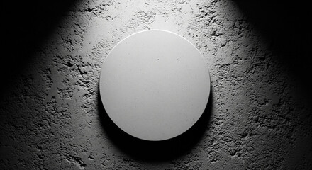 Concrete round board mockup mounted on grey cement wall texture for industrial construction branding and architectural logo design