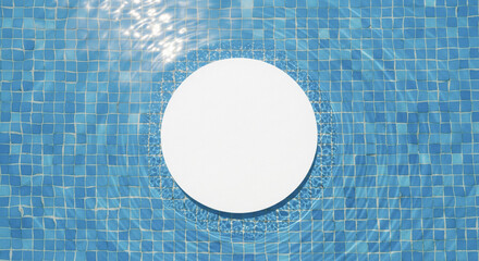 Round white sign mockup on blue mosaic pool tiles background for swimming club branding and summer aqua park logo
