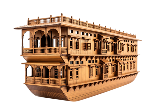 Intricate wooden model of a traditional indian houseboat showcasing detailed architecture