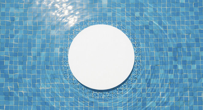 Round white sign mockup on blue mosaic pool tiles background for swimming club branding and summer aqua park logo