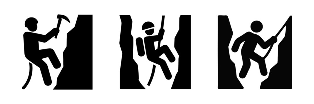 Rock and ice climbing icons – bold adventure concept for mountaineering, survival, outdoor training, and extreme sport designs. Vector illustration.