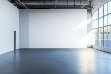 A large, blank, clean white wall in a modern studio, perfect for copy space