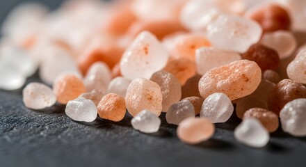 Close up of Himalayan pink salt crystals on a dark background.
