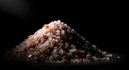 Pile of pink Himalayan salt crystals illuminated by dramatic spotlight on a black background.