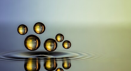 Golden bubbles float above water creating a mesmerizing visual display.