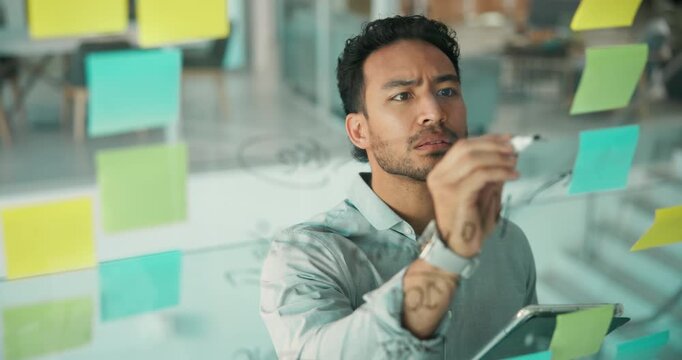 Glass, thinking and man writing with tablet in office for brainstorming, mind map and sticky note at startup. Tech, company planning app and employee by board for creative problem solving or agenda