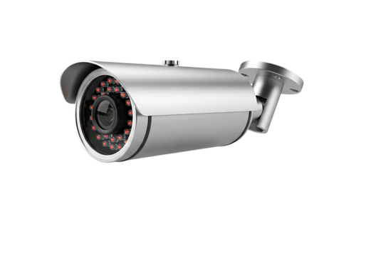 Modern silver outdoor surveillance security camera with infrared night vision technology