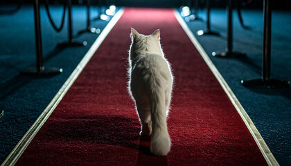 Adorable cat walking on a red carpet, combining charm and elegance. Perfect for editorial use, pet themes, lifestyle projects, and creative digital illustrations.