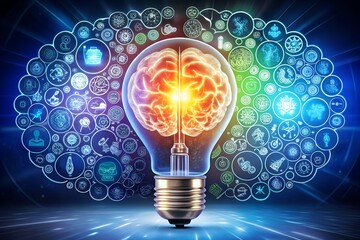 Creative light bulb with brain and icons of social media and business