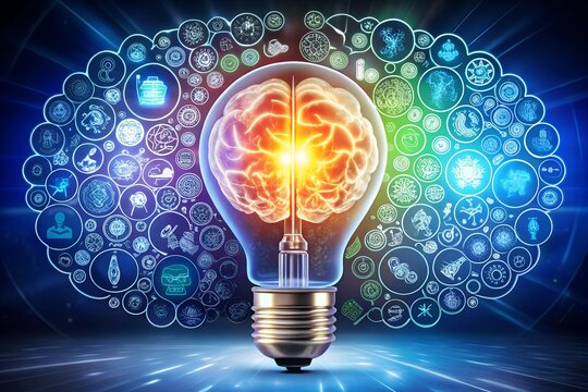 Creative light bulb with brain and icons of social media and business