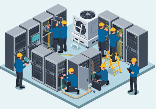 Isometric illustration of IT technicians maintaining a data center, server racks, and network infrastructure