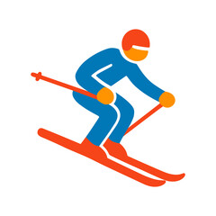 Fototapeta premium Colorful alpine skier icon – vector illustration of athlete racing downhill on skis in dynamic pose.