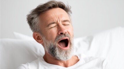 A middle-aged man with a beard sits comfortably on his bed, yawning deeply as sunlight streams in. He shows signs of fatigue while enjoying a quiet morning moment