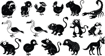 Obraz premium Black Silhouette Cartoon Arctic and Forest Animals Collection Keywords: musk ox, lamb, owl, chicken, capybara, scorpion, pelican