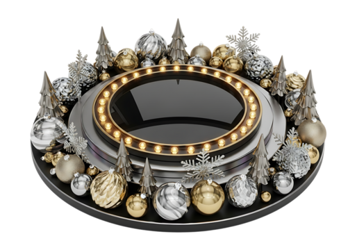 Elegant winter holiday display featuring ornate ornaments and twinkling lights centered around a mirror