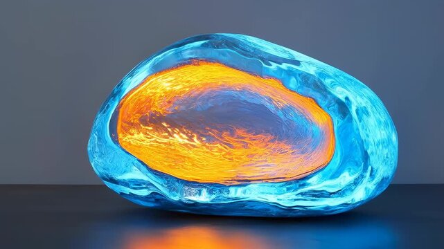 Decorative illuminated glass stone lamp with a blue outer shell and warm amber inner glow, modern ambient lighting for living room decor and bedroom night light