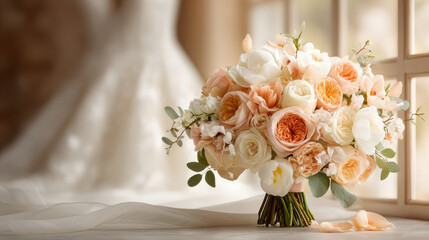 Elegant bridal bouquet with roses and peonies in soft pastel colors. This beautiful floral arrangement is perfect for weddings, celebrations, and special occasions
