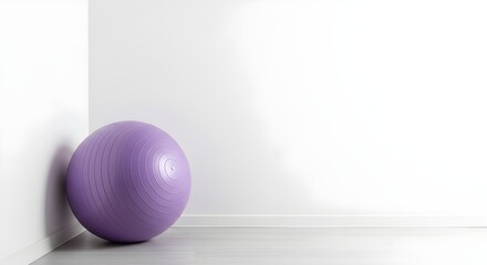 Purple exercise ball resting against a white wall.